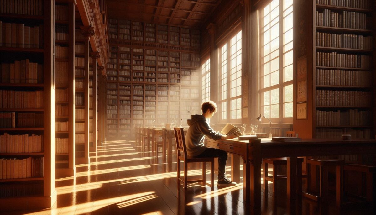 図書館の閲覧席で分厚い小説を読む男子大学生