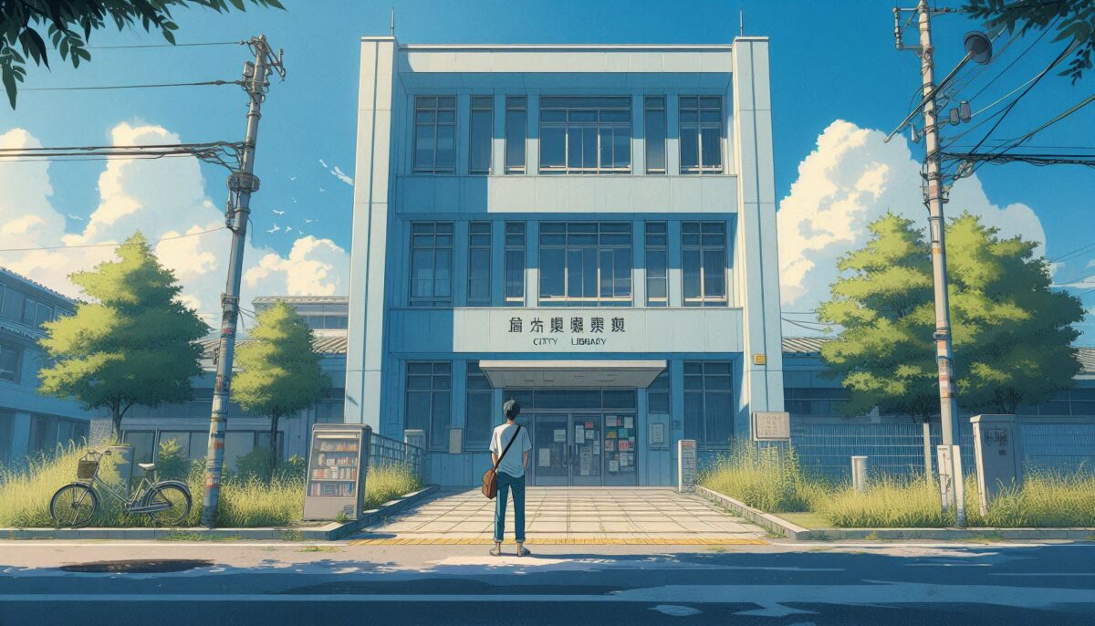 古い外観の図書館の前に立ち尽くす男性