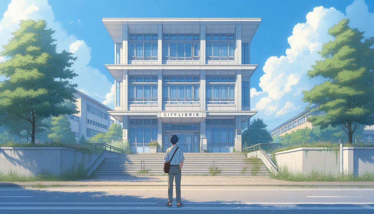 3階建ての市立図書館の前に立つ男性