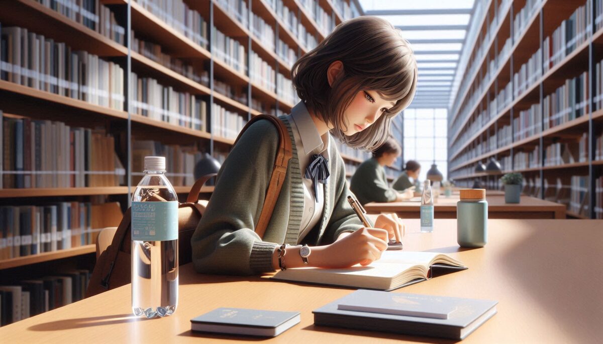 ミネラルウォーターをテーブルに置いて図書館で勉強する女子学生