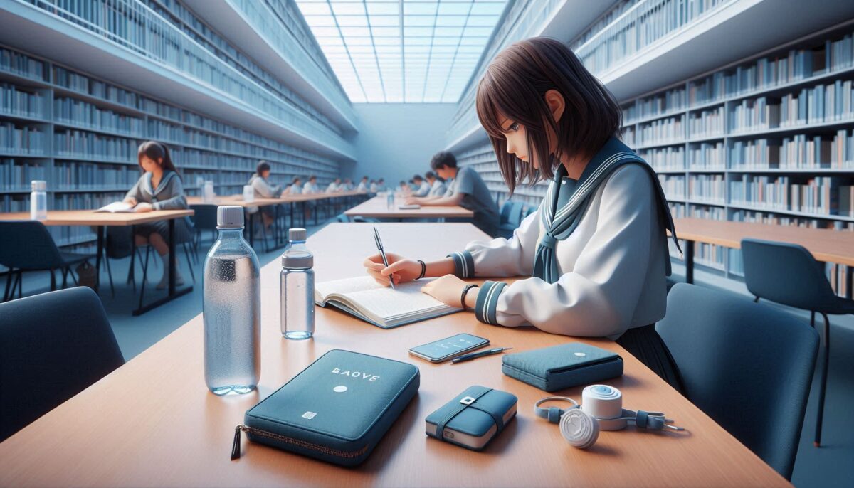 ペットボトルや水筒を置いて図書館で勉強する女子高校生