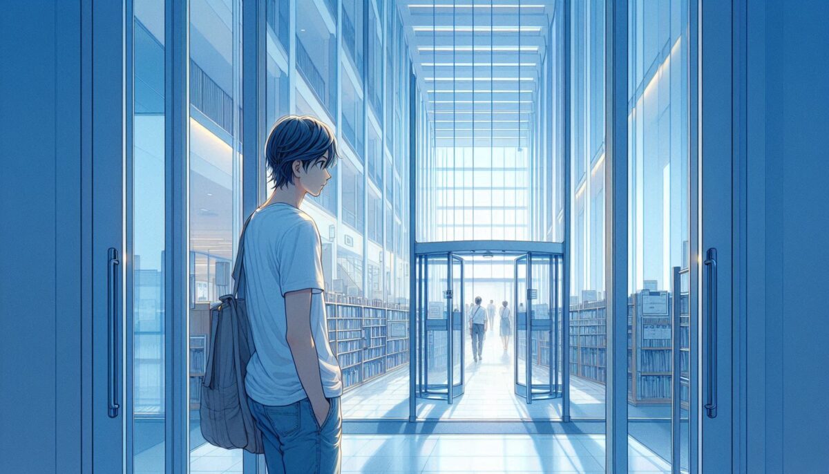 図書館のエントランスで中の様子をうかがう男性