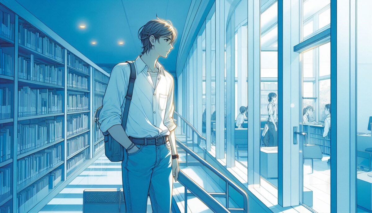 図書館の通路に立つ20代の男性