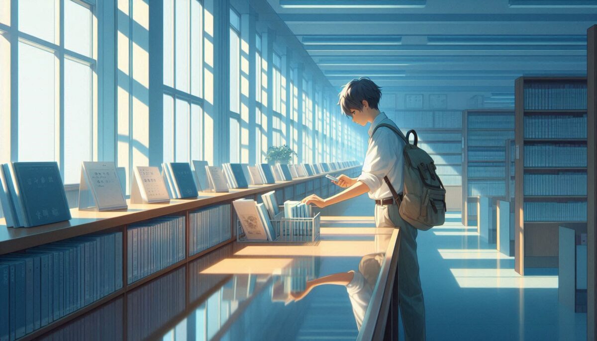 図書館の貸し出しカードを確認する少年