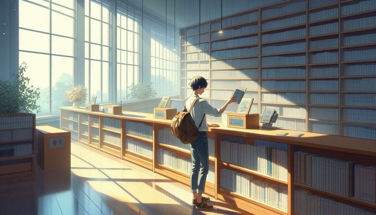 図書館の自動貸し出し機で本を借りる手続きをする少年