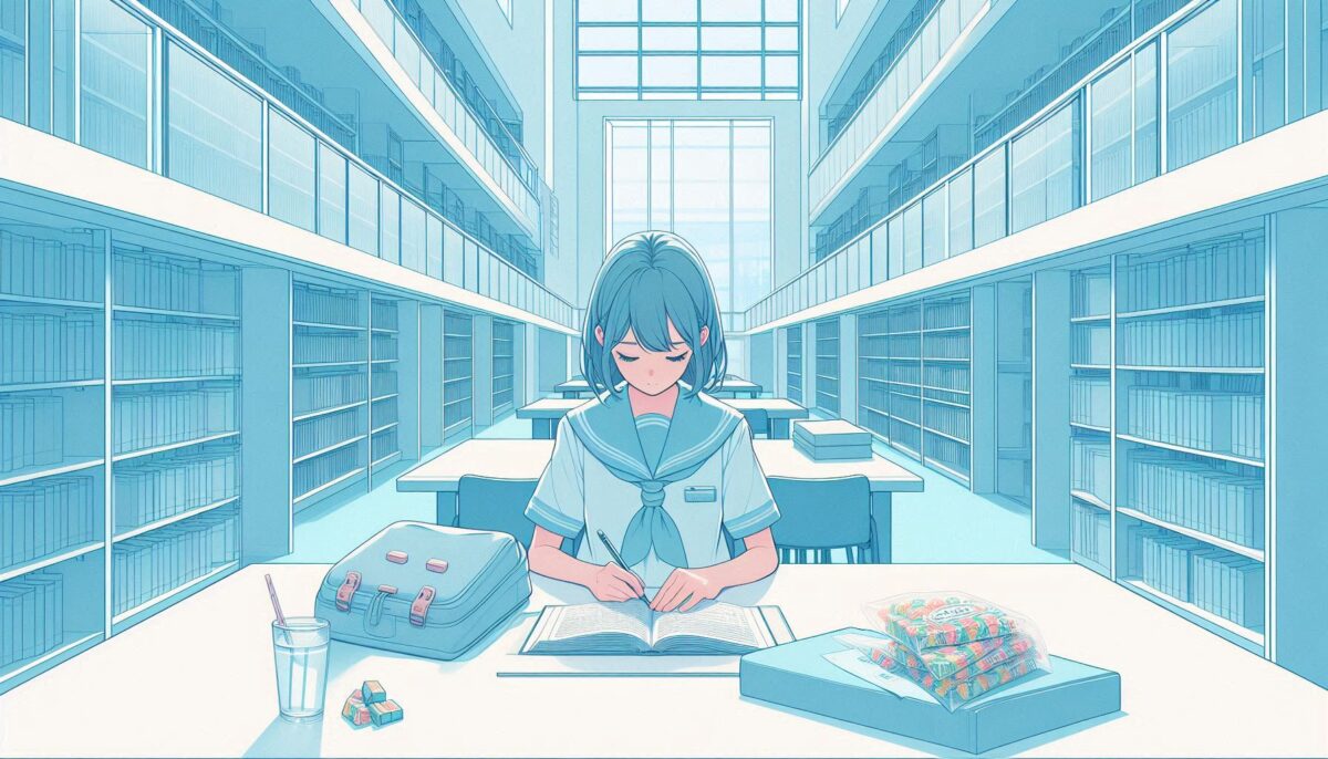 図書館でグミを食べながら勉強する女子高校生