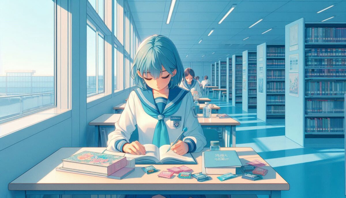 図書館でテーブルの上にグミを並べながら勉強する女子学生