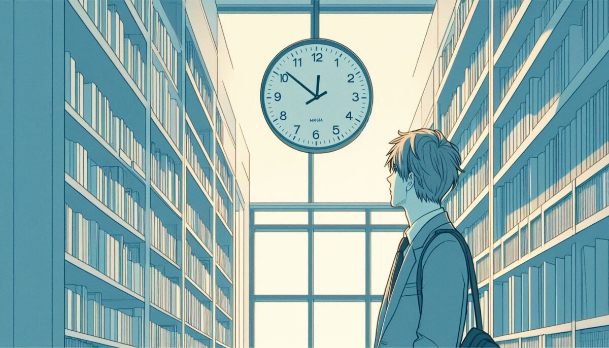 図書館で館内のアナログ時計を見上げる男性