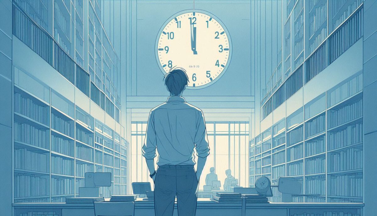 図書館の壁にかけられた時計を見ている男性の後ろ姿