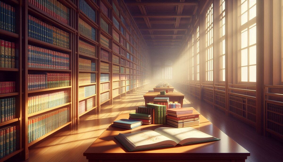 机に参考書などが置かれた図書館