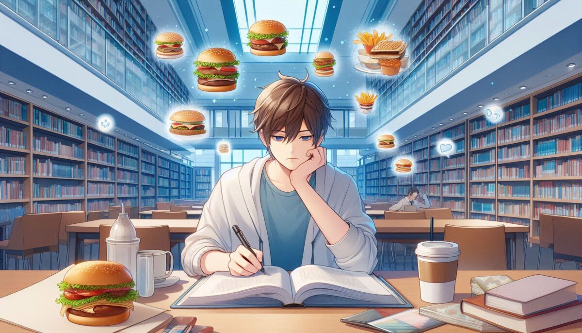 図書館で勉強しながら昼食を何を食べるか考える男子高校生