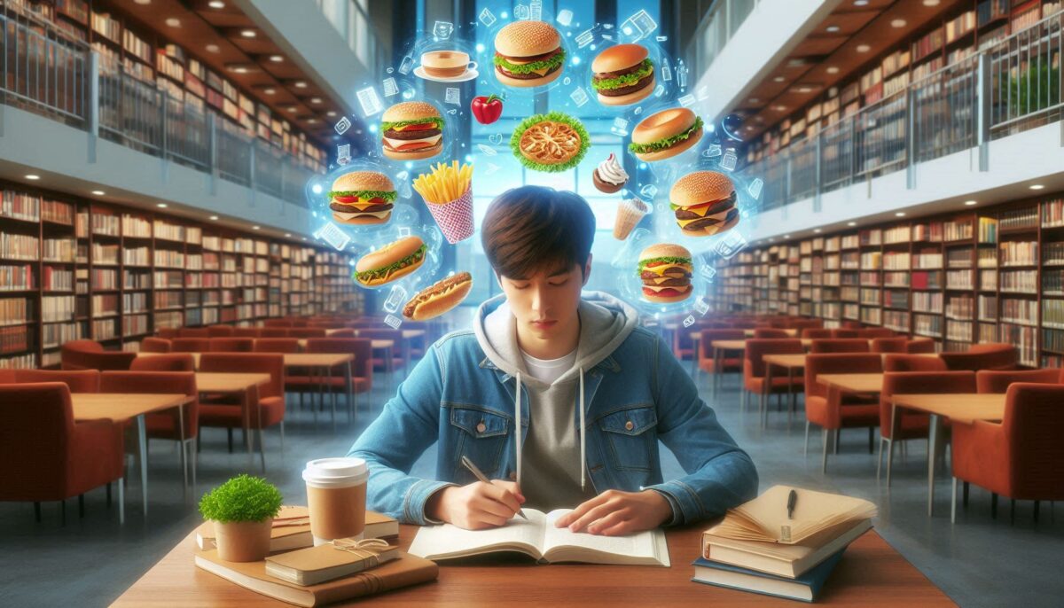 図書館で勉強中にハンバーガーが食べたいと考える男子大学生