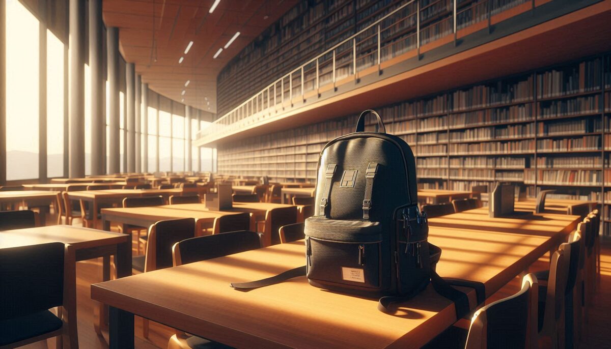 図書館のテーブルに置かれた黒いリュックサック