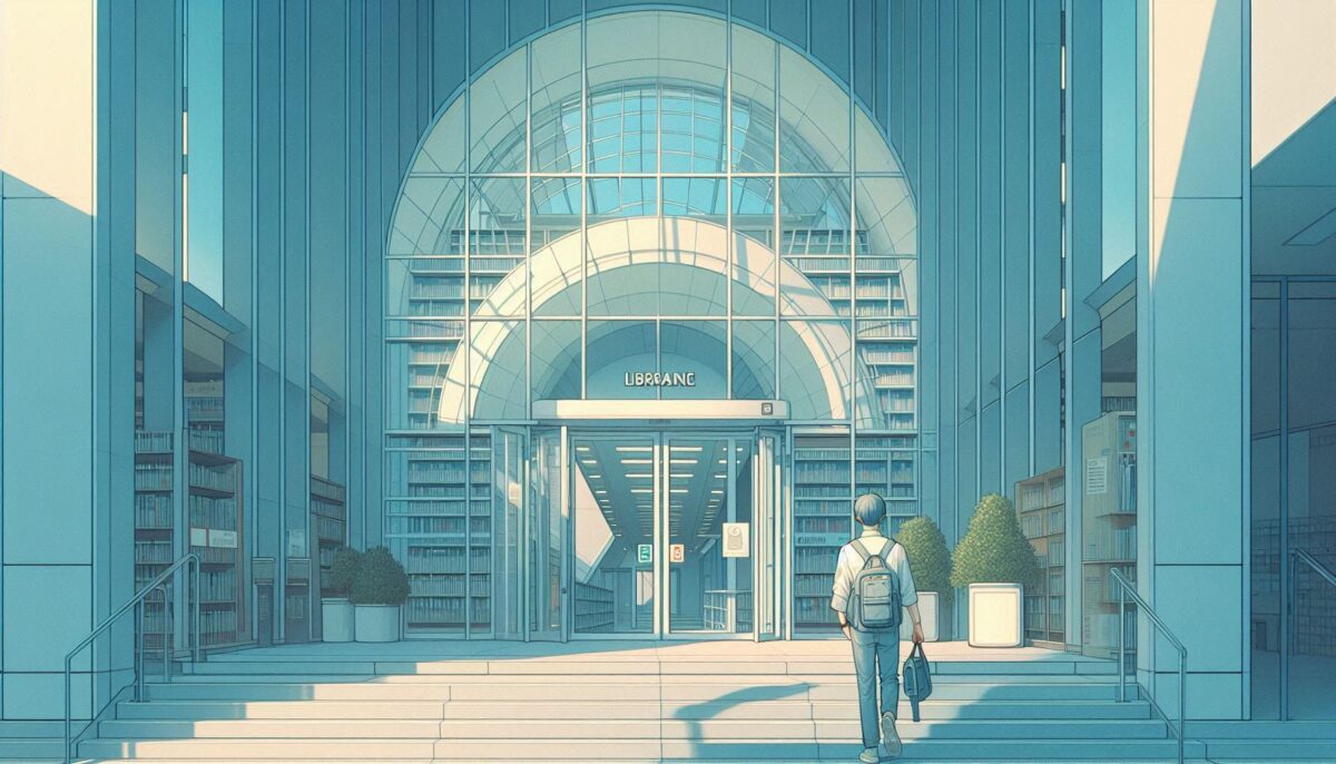 図書館の出入り口の前で入館するか迷う男子学生