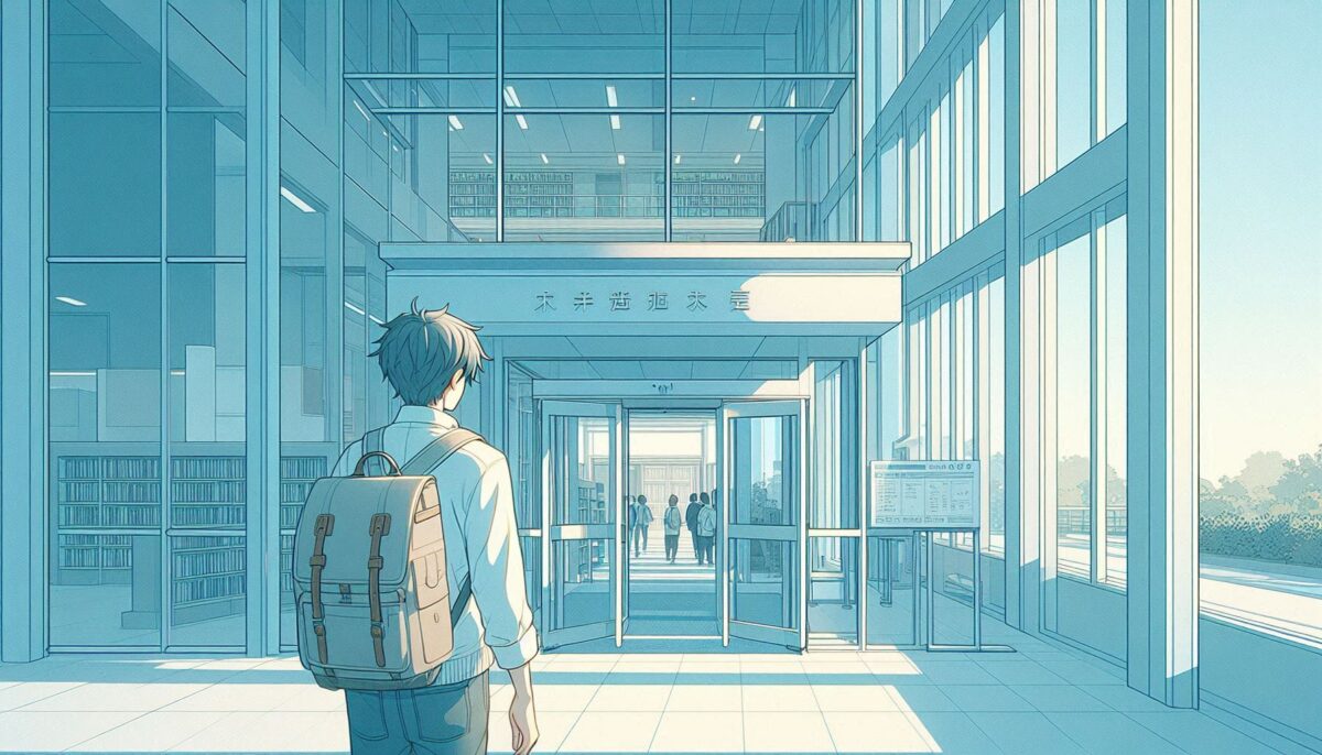 図書館の入り口に佇む男子学生