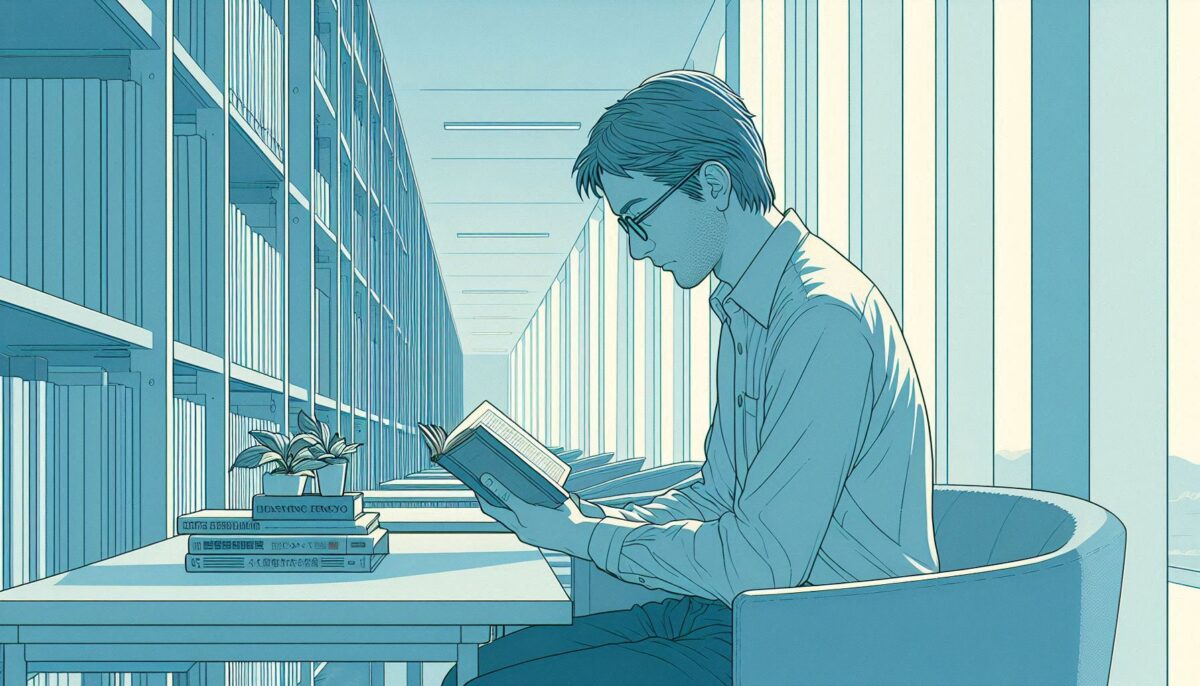 図書館で熱心に小説を読む40代の眼鏡をかけた男性