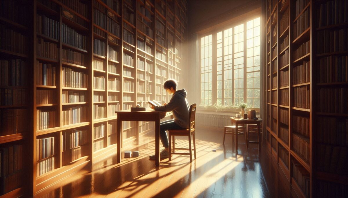 誰もいない図書館で本を読む男子大学生