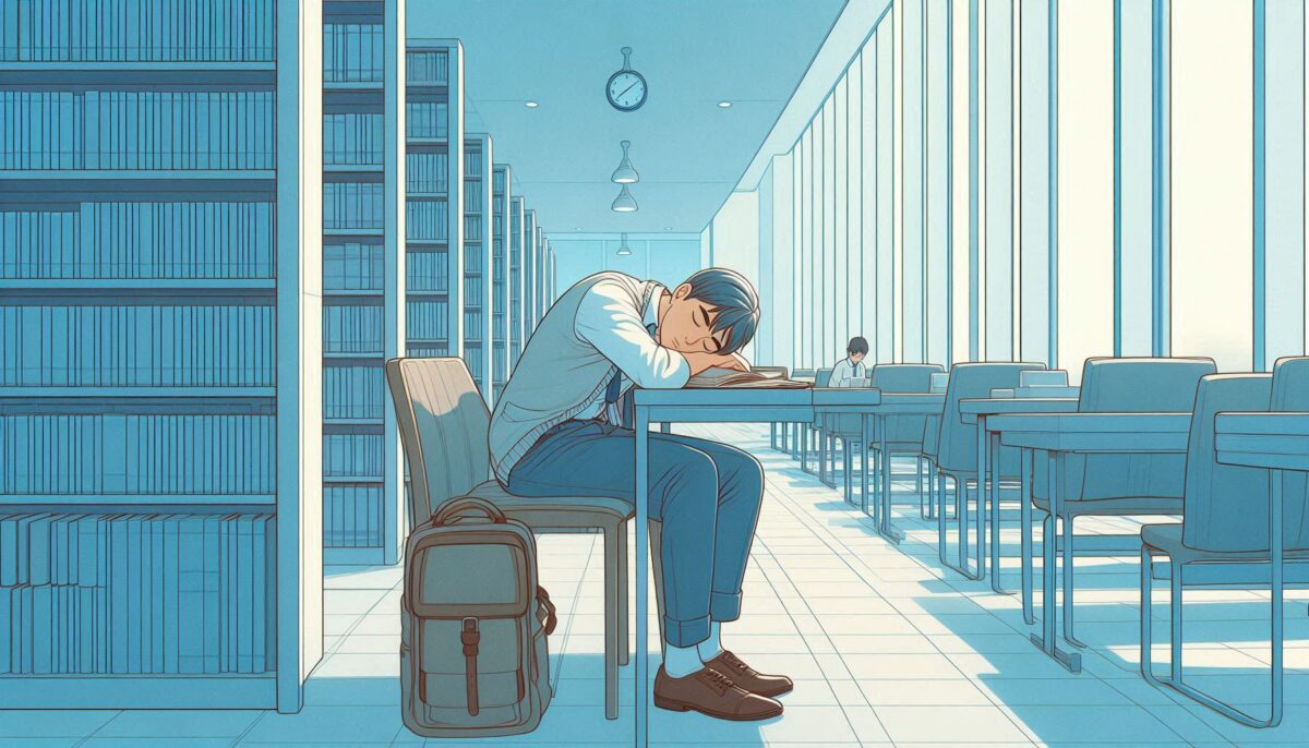 図書館の席で居眠りをする20代の男性