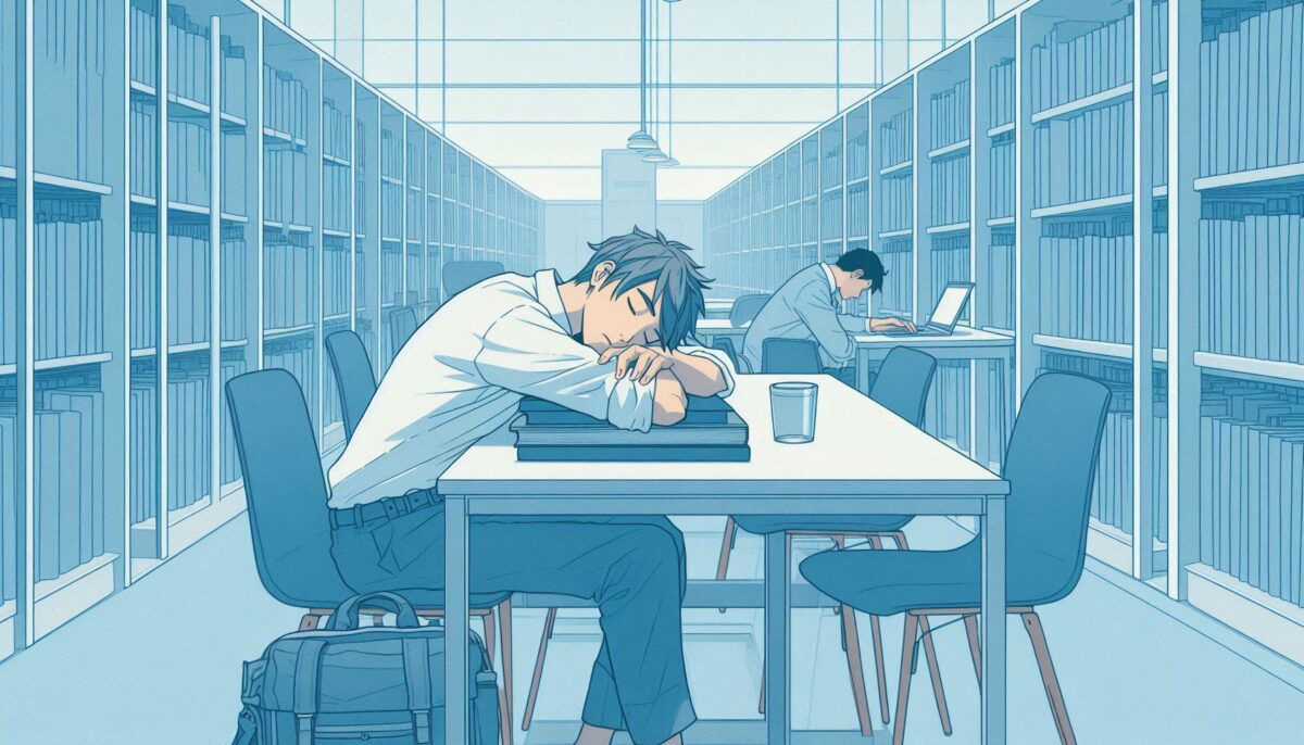 図書館の閲覧席で突っ伏して眠る男性