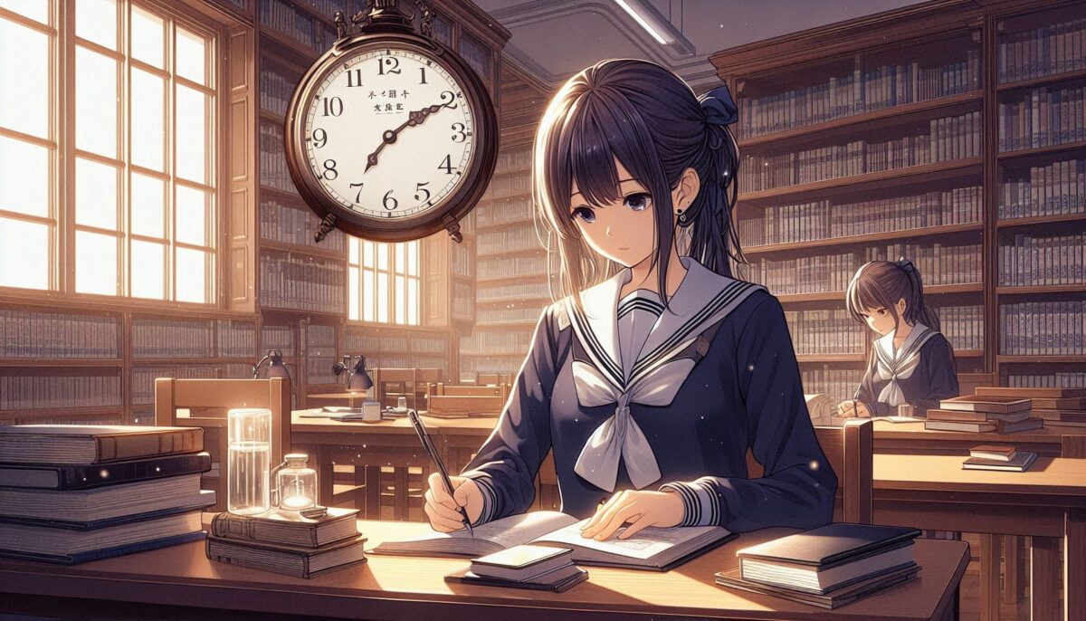 アナログ時計に見守られて図書館で勉強する女子高校生