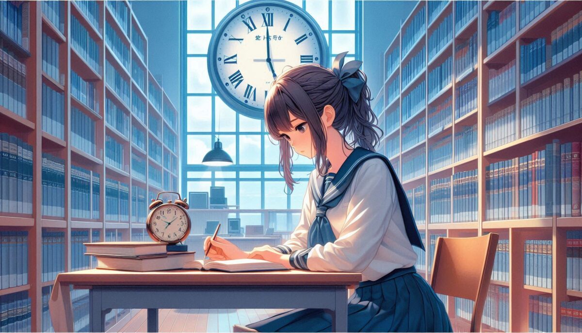 大きな時計がある図書館で勉強する女子高校生
