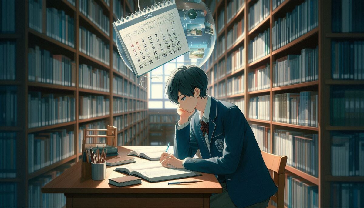 図書館で真剣に勉強する男子高校生