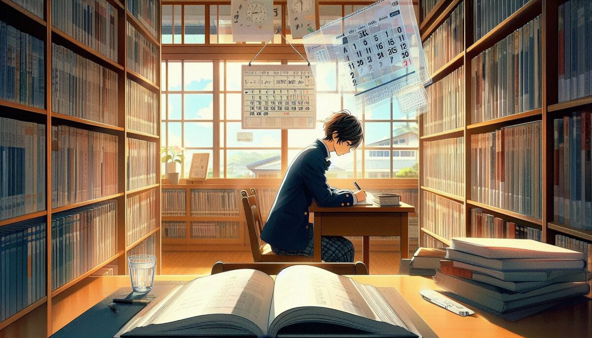 図書館で勉強する男子高校生とカレンダー