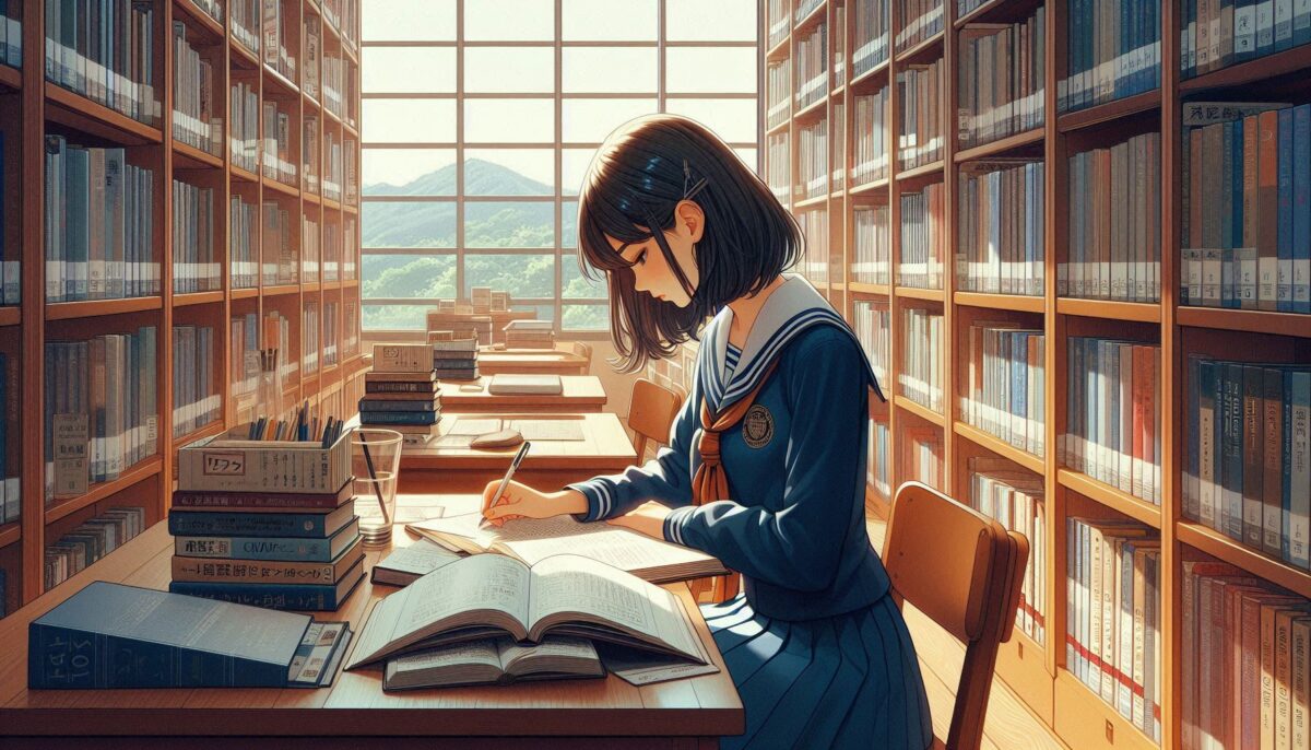 山間にある図書館で勉強する女子高校生