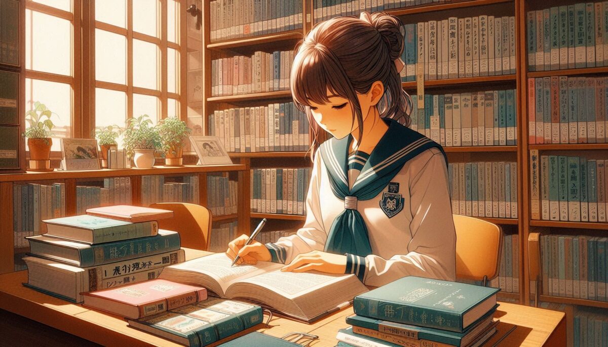 図書館で参考書を開いて勉強する女子高校生