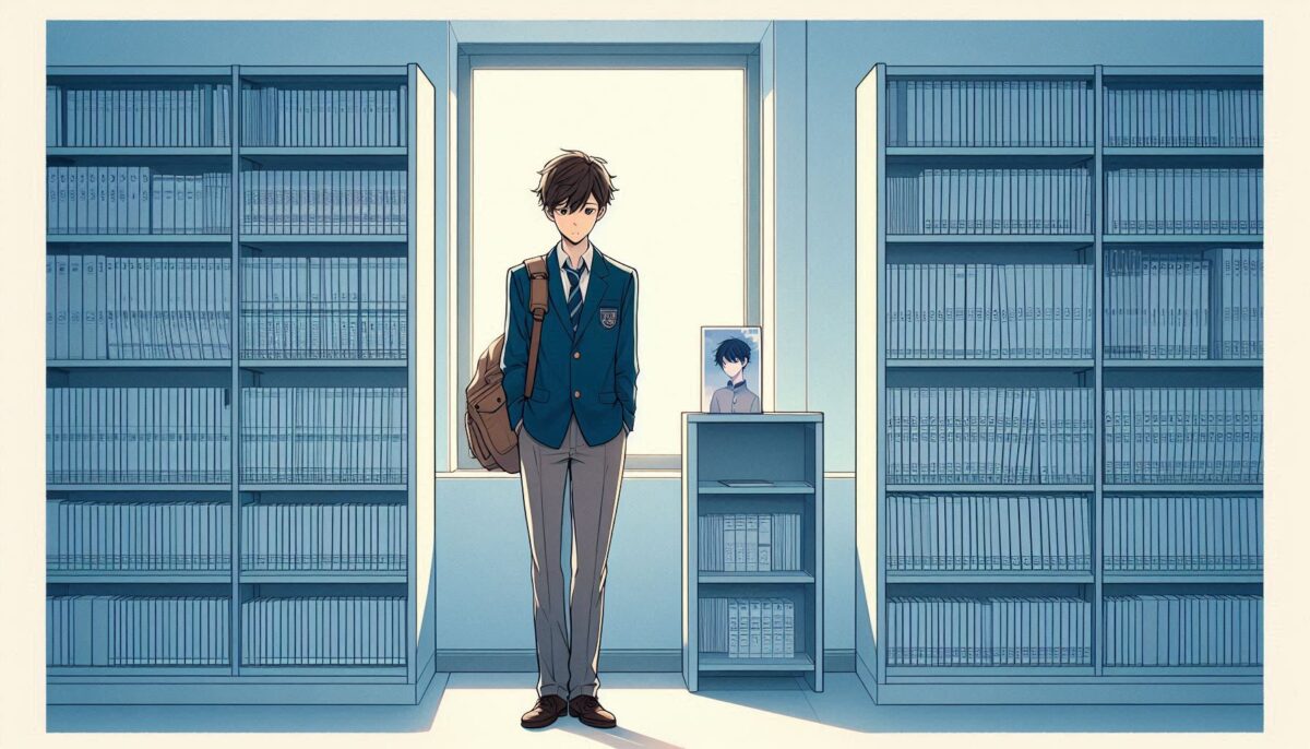 図書館に漫画が置いてなくてがっかりしている男子高校生