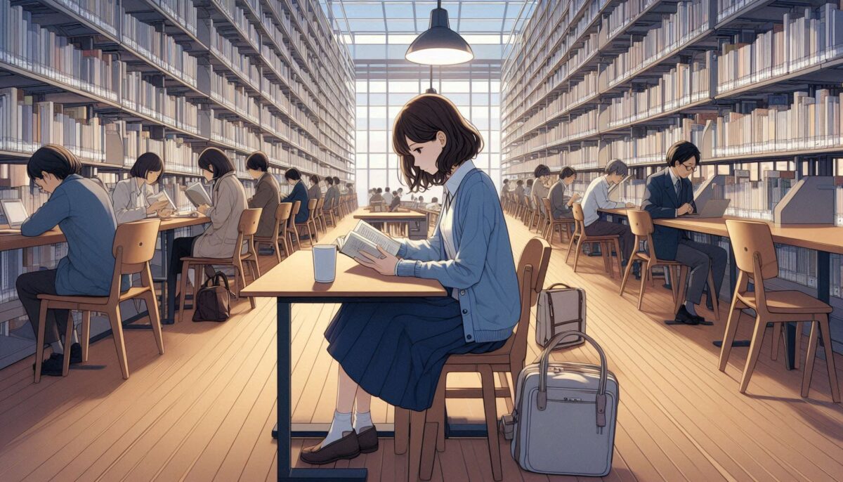 人でごった返す図書館の席で本を読む女性
