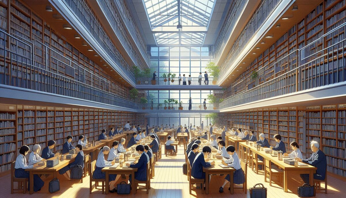 学生や老人で込み合う図書館