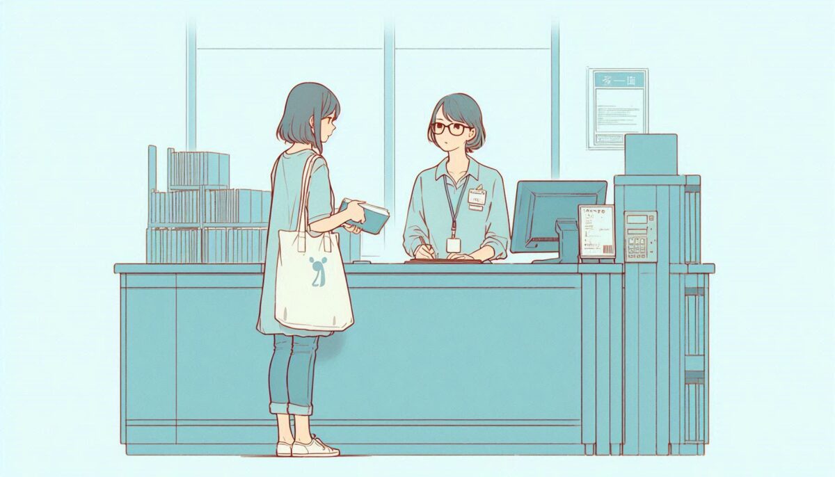 図書館のカウンターで司書に話しかける女性