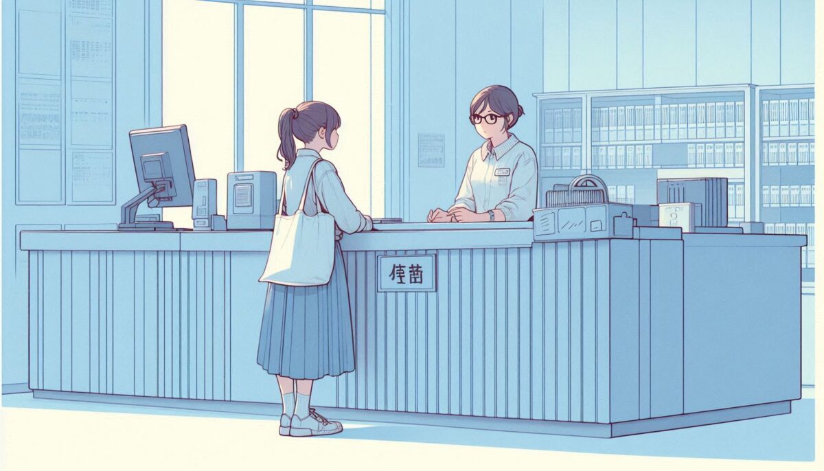 図書館のカウンターで貸出の手続きをする少女