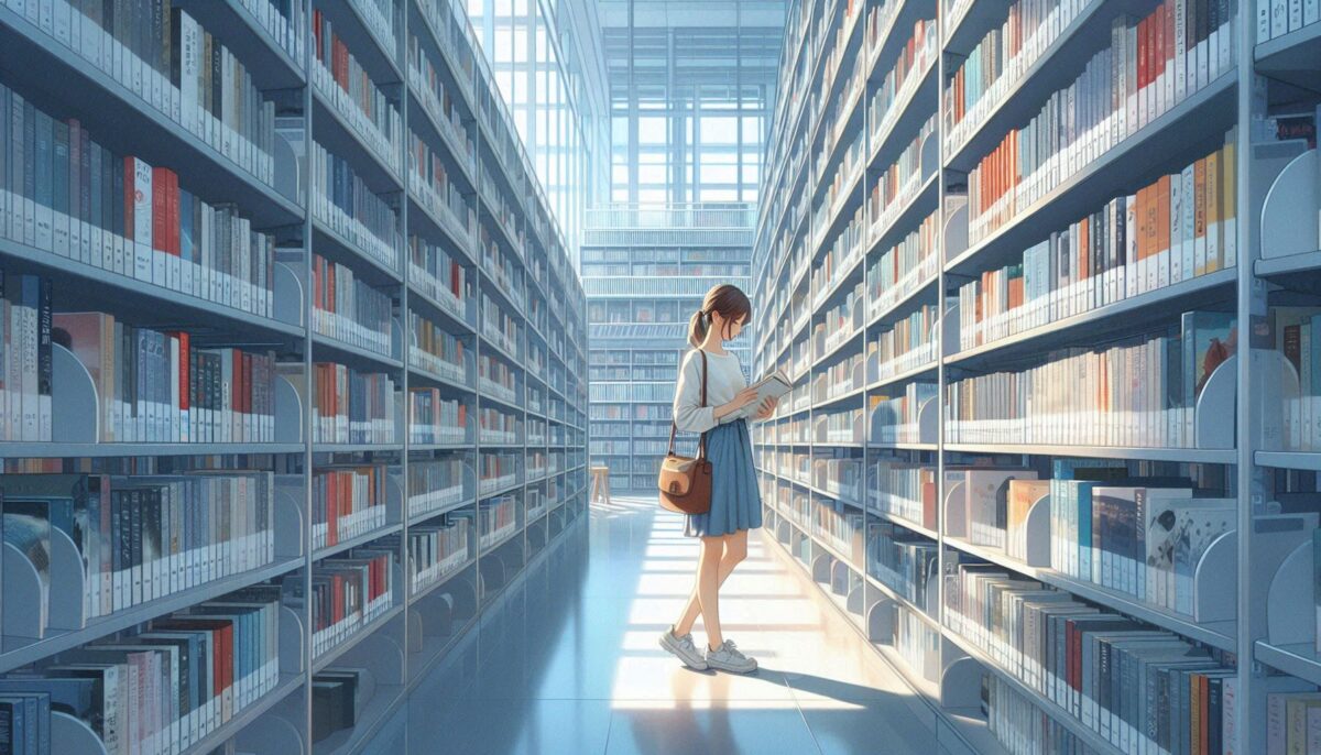 図書館の書架の間で本を開く女性