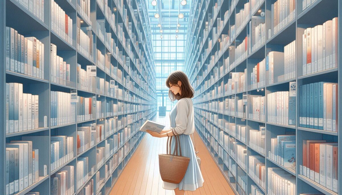 書架の前で本の内容を確認する女性