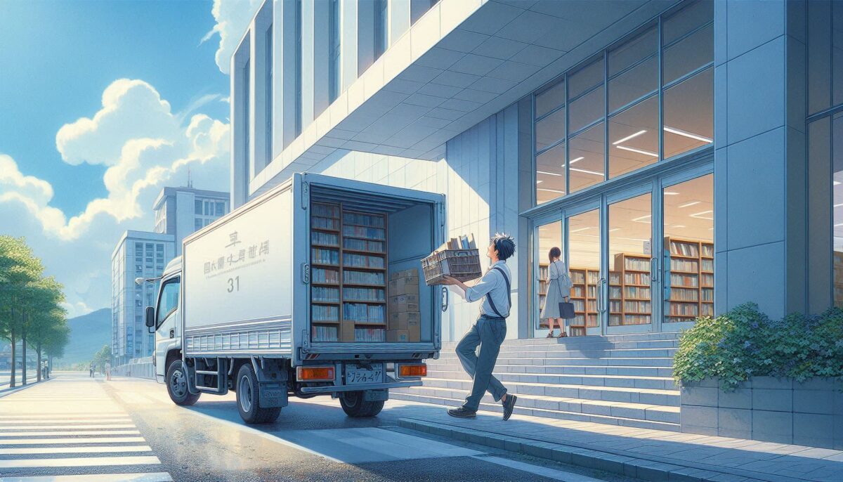 図書館が購入した本を館内に運び込もうとする男性