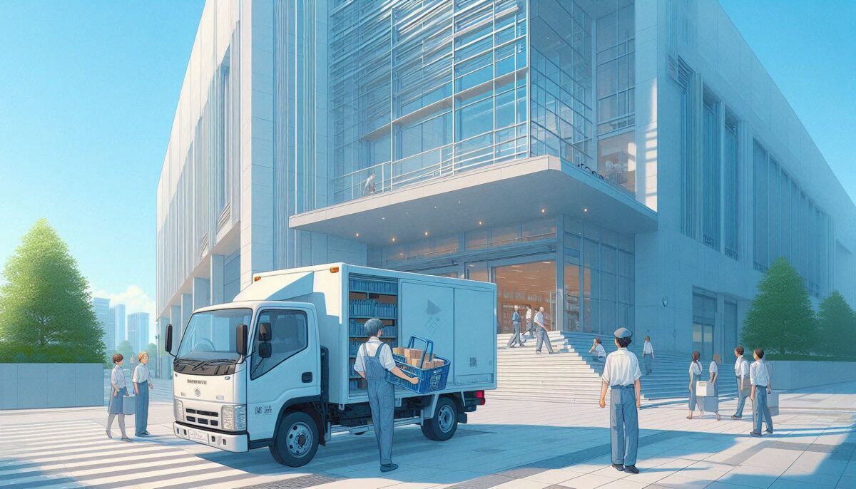 図書館前に横づけされた軽トラックと本を運び出す作業員