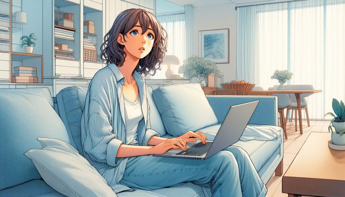 リビングでノートパソコンを操作している女性