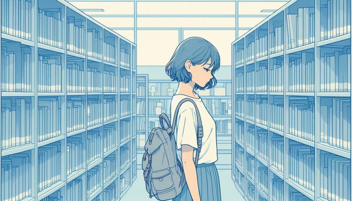 書架で目当ての本を必死に探す女性