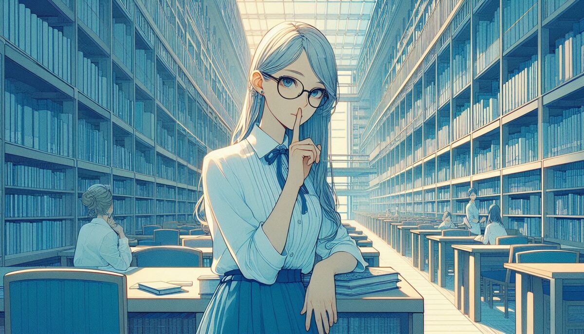 図書館で静寂を促す女性司書